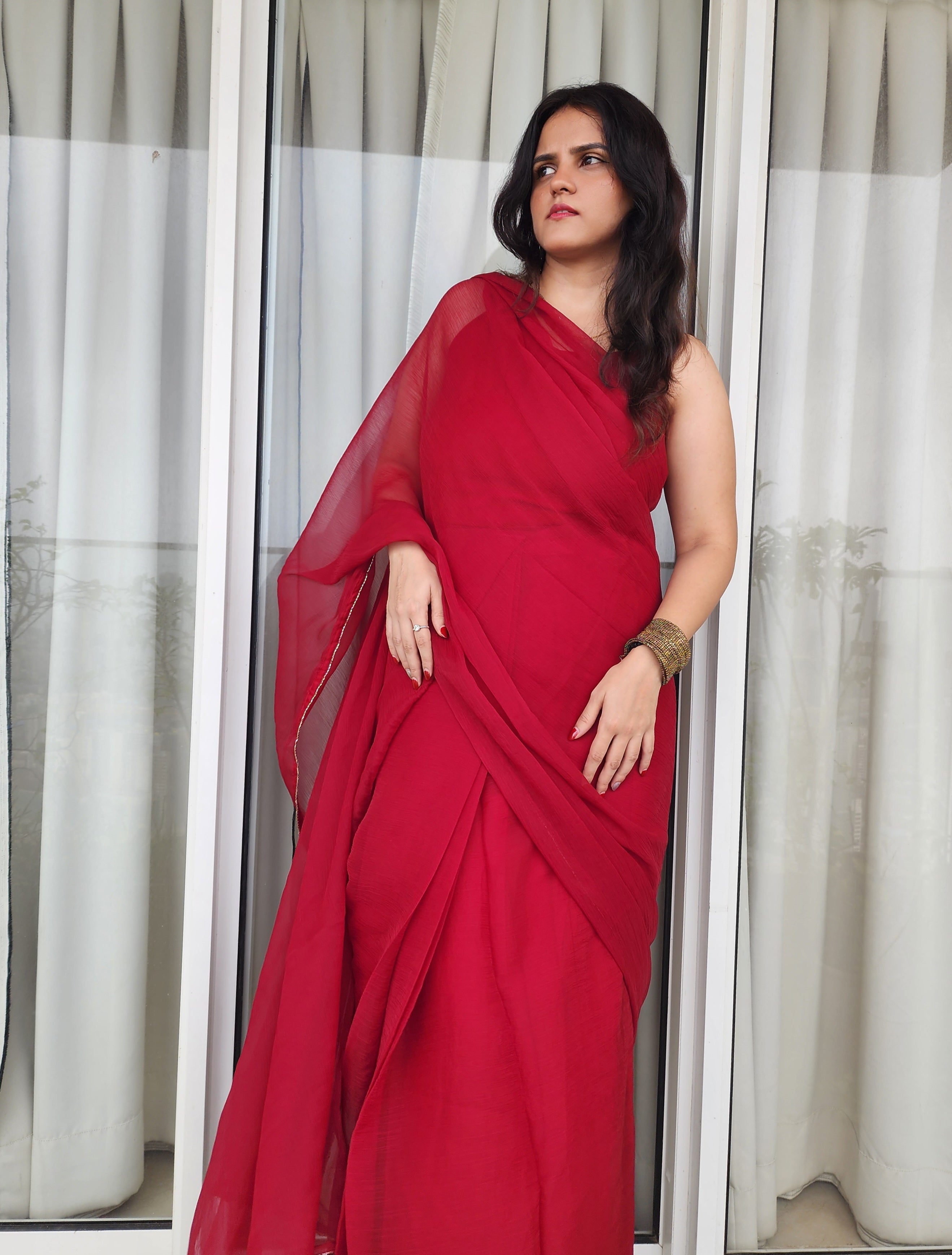 PRE-DRAPED SAREE: WINE